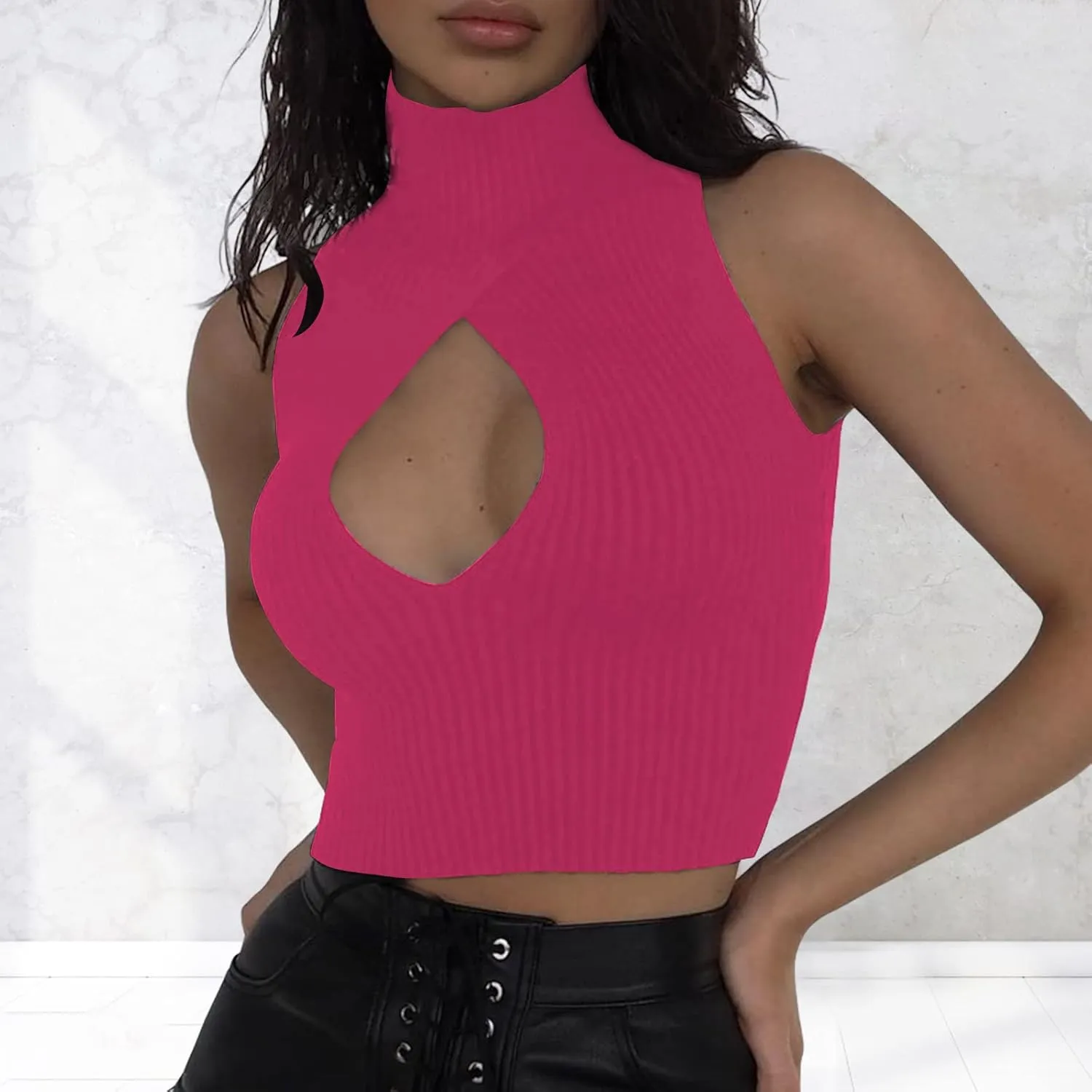 ACOSAP Women's Sleeveless Mock Neck Crop Top Sexy Cutout Turtleneck Slim Fit Rib Knit Tank Tops