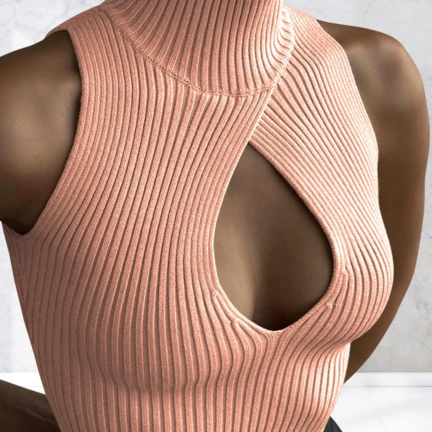 ACOSAP Women's Sleeveless Mock Neck Crop Top Sexy Cutout Turtleneck Slim Fit Rib Knit Tank Tops