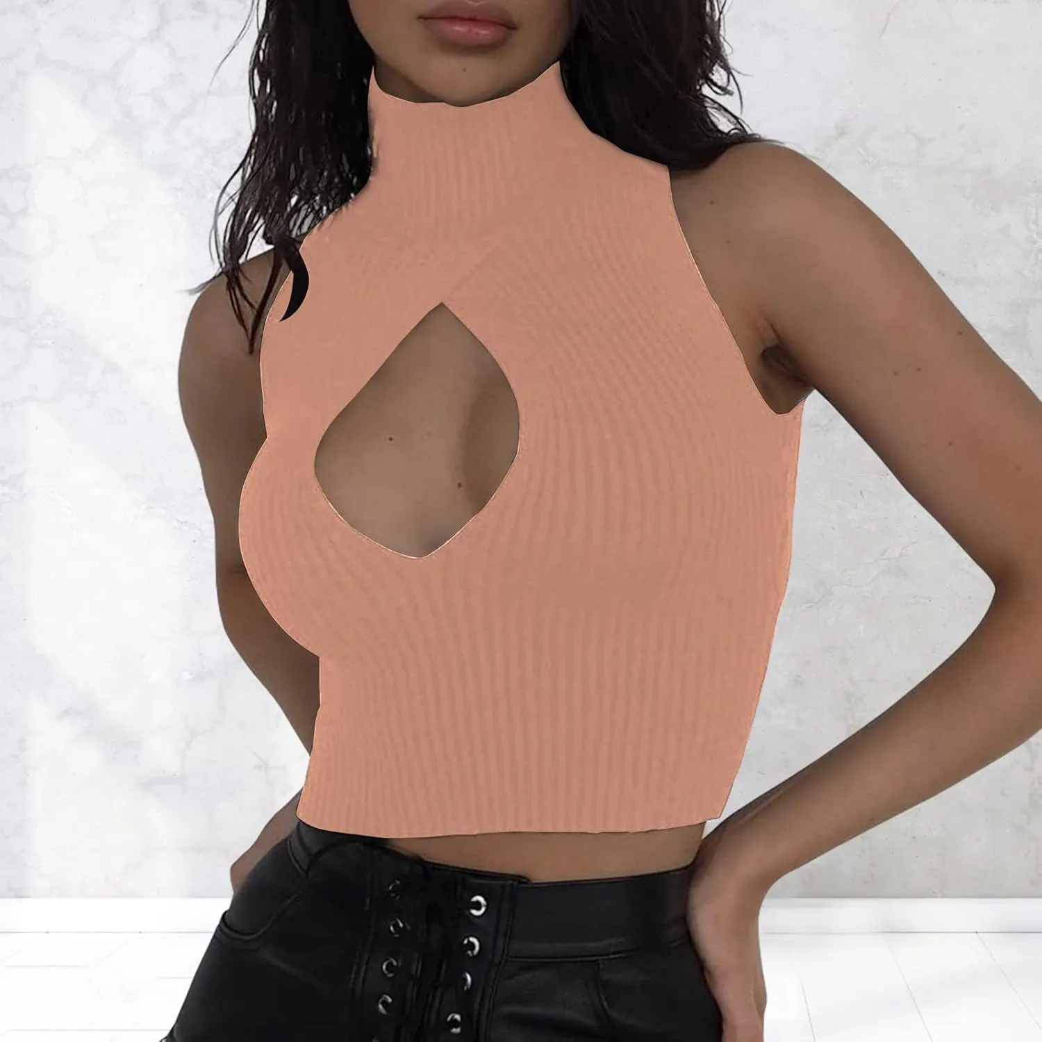 ACOSAP Women's Sleeveless Mock Neck Crop Top Sexy Cutout Turtleneck Slim Fit Rib Knit Tank Tops