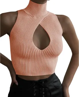 ACOSAP Women's Sleeveless Mock Neck Crop Top Sexy Cutout Turtleneck Slim Fit Rib Knit Tank Tops