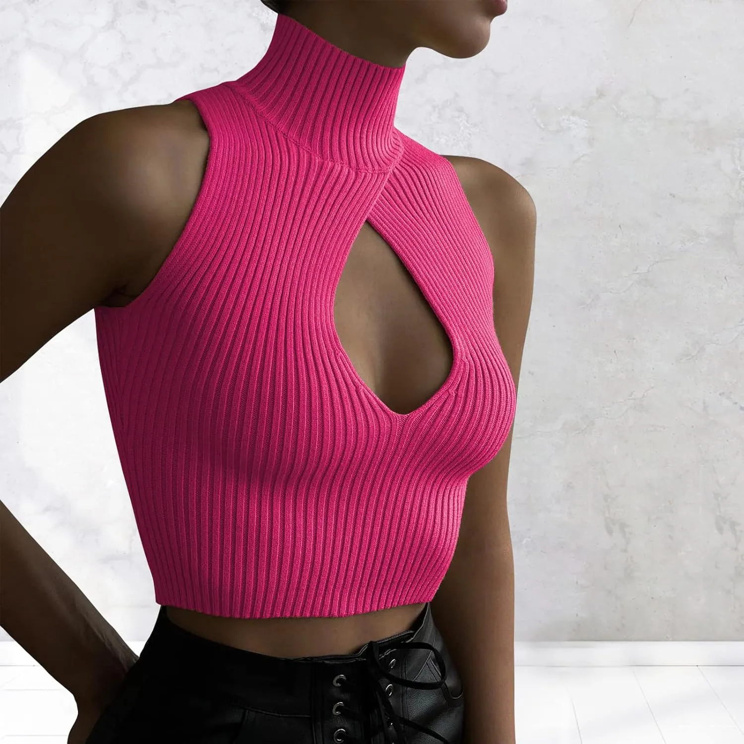 ACOSAP Women's Sleeveless Mock Neck Crop Top Sexy Cutout Turtleneck Slim Fit Rib Knit Tank Tops