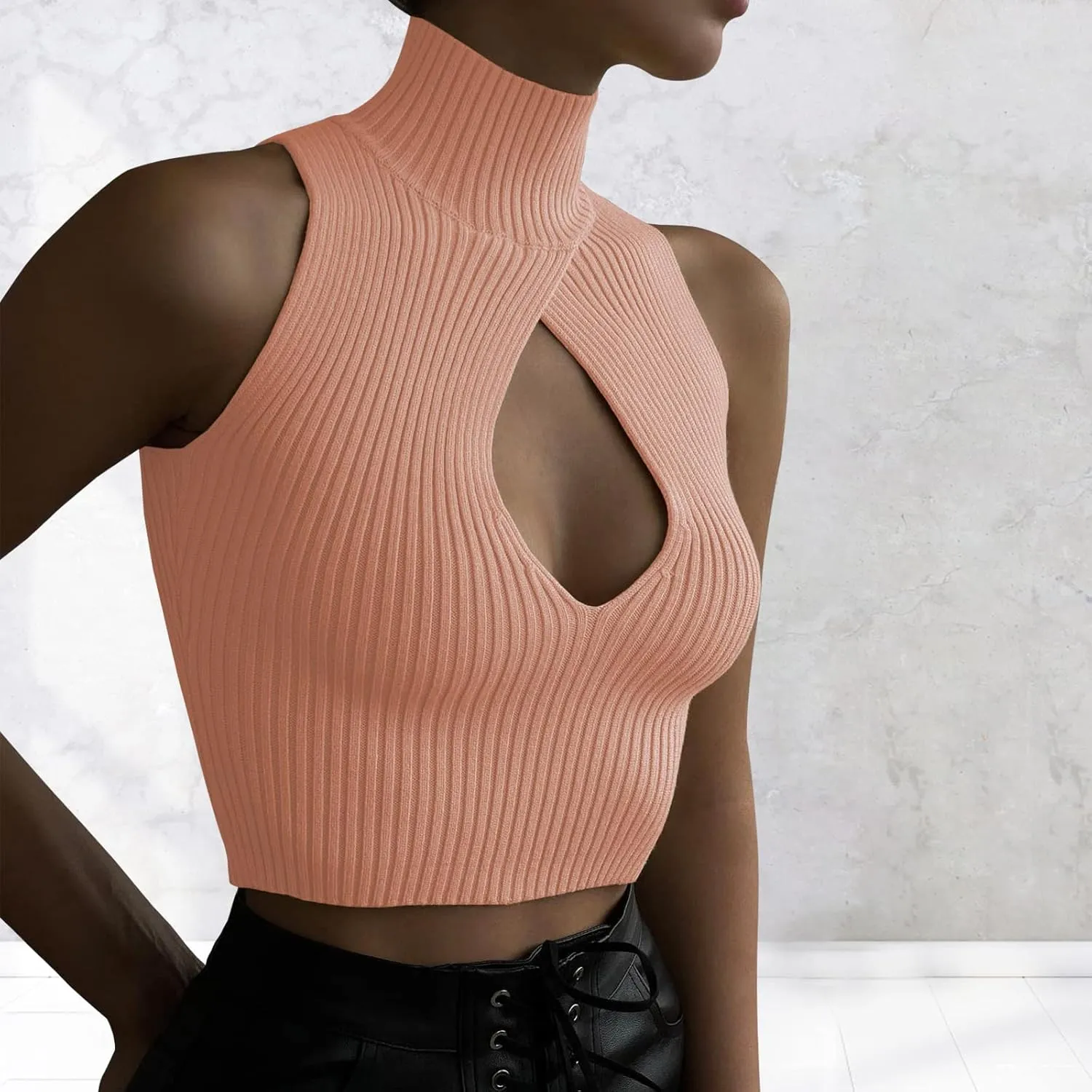 ACOSAP Women's Sleeveless Mock Neck Crop Top Sexy Cutout Turtleneck Slim Fit Rib Knit Tank Tops