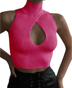 ACOSAP Women's Sleeveless Mock Neck Crop Top Sexy Cutout Turtleneck Slim Fit Rib Knit Tank Tops