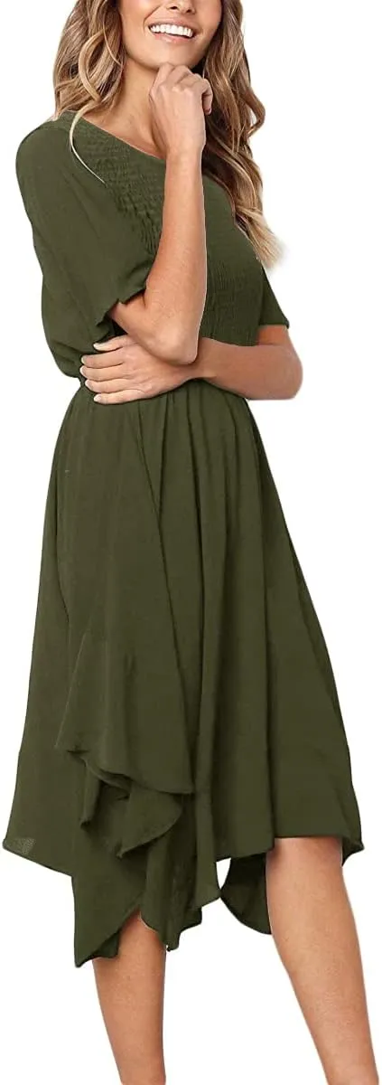 Alaster Women’s Chiffon Short Sleeve Casual Midi Dress Irregular Hem Summer Dress