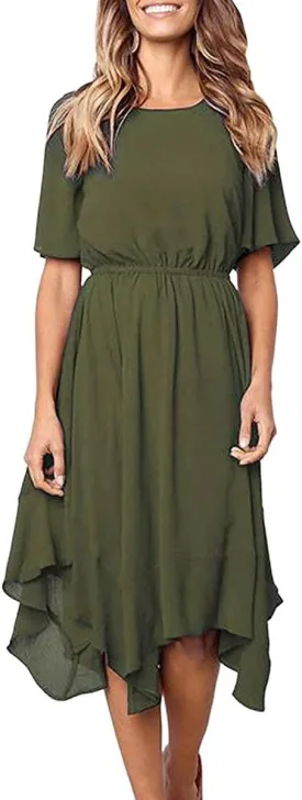 Alaster Women’s Chiffon Short Sleeve Casual Midi Dress Irregular Hem Summer Dress