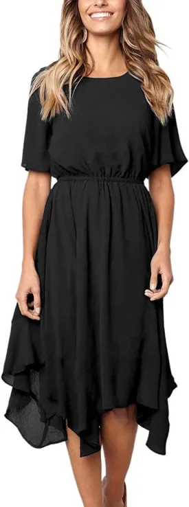 Alaster Women’s Chiffon Short Sleeve Casual Midi Dress Irregular Hem Summer Dress