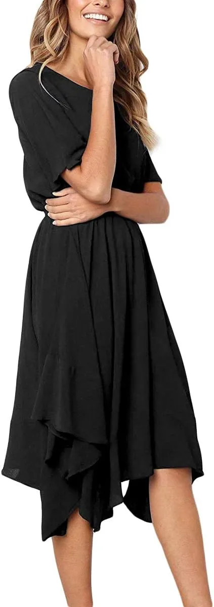 Alaster Women’s Chiffon Short Sleeve Casual Midi Dress Irregular Hem Summer Dress