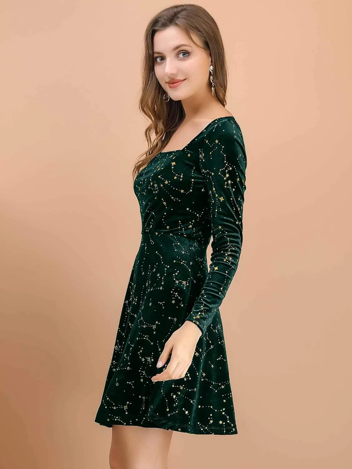 Allegra K Women's Fall Winter Velvet Long Sleeve Dresses Star Square Neck A Line Mini Dress for Party Cocktail Christmas