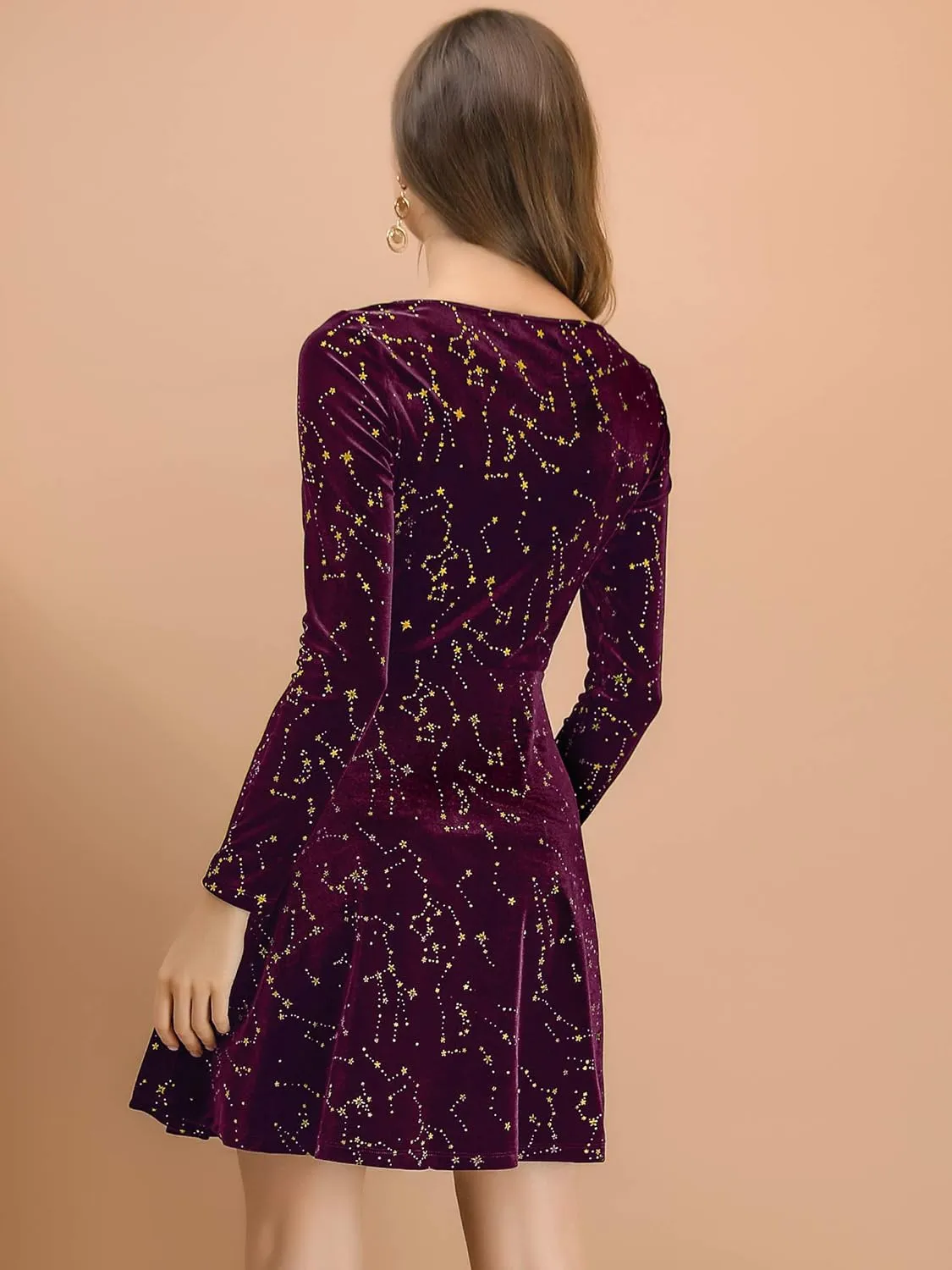 Allegra K Women's Fall Winter Velvet Long Sleeve Dresses Star Square Neck A Line Mini Dress for Party Cocktail Christmas