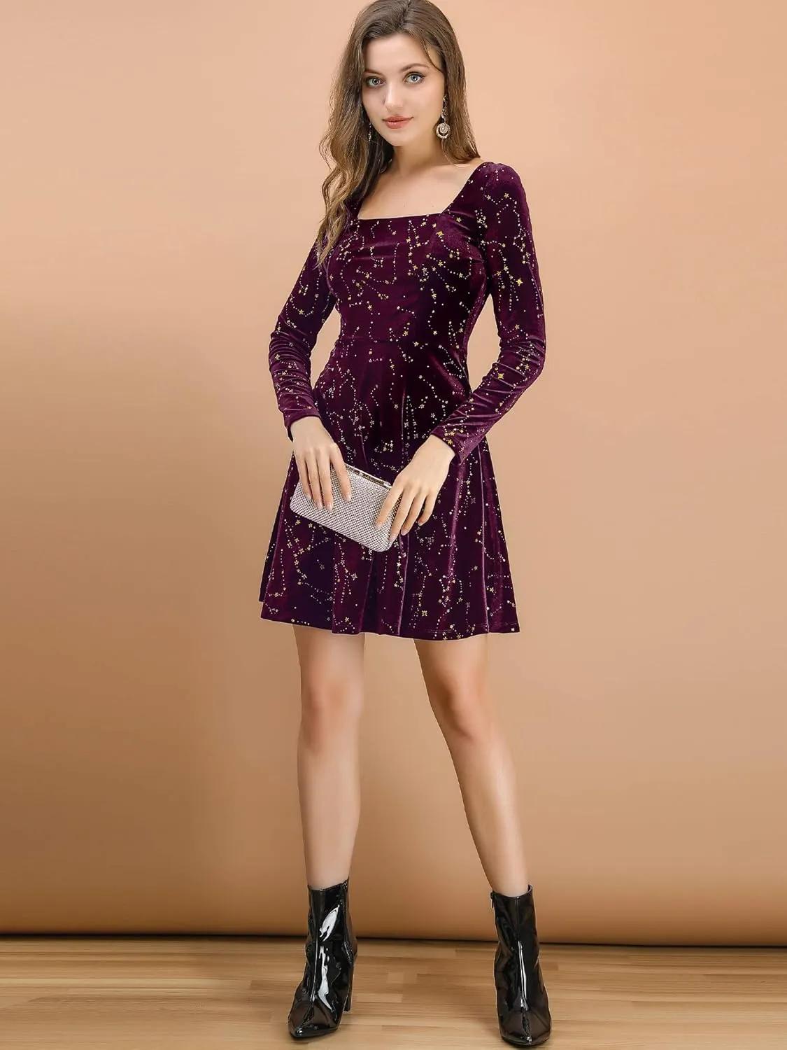 Allegra K Women's Fall Winter Velvet Long Sleeve Dresses Star Square Neck A Line Mini Dress for Party Cocktail Christmas