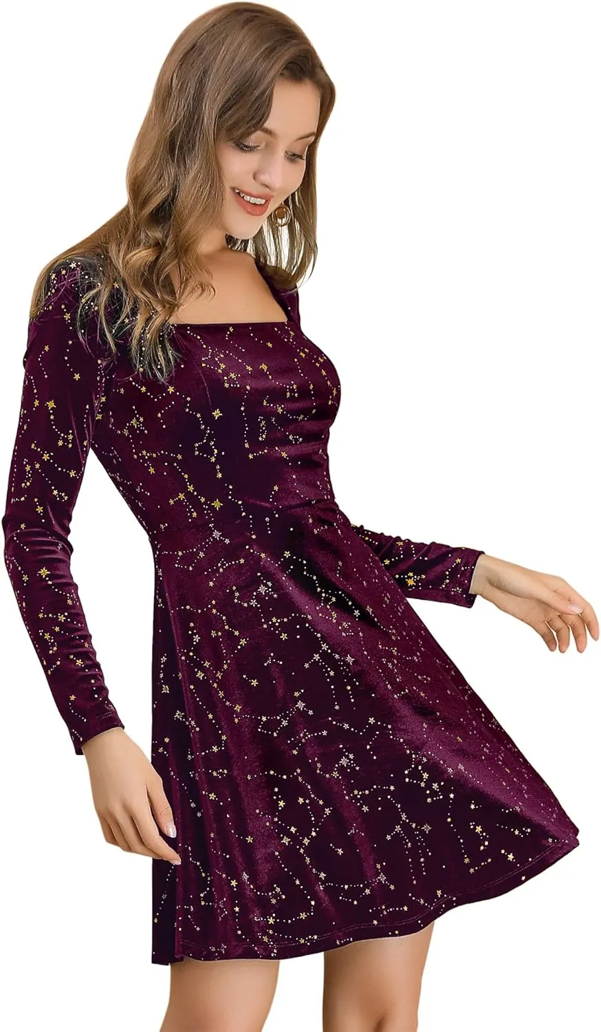 Allegra K Women's Fall Winter Velvet Long Sleeve Dresses Star Square Neck A Line Mini Dress for Party Cocktail Christmas