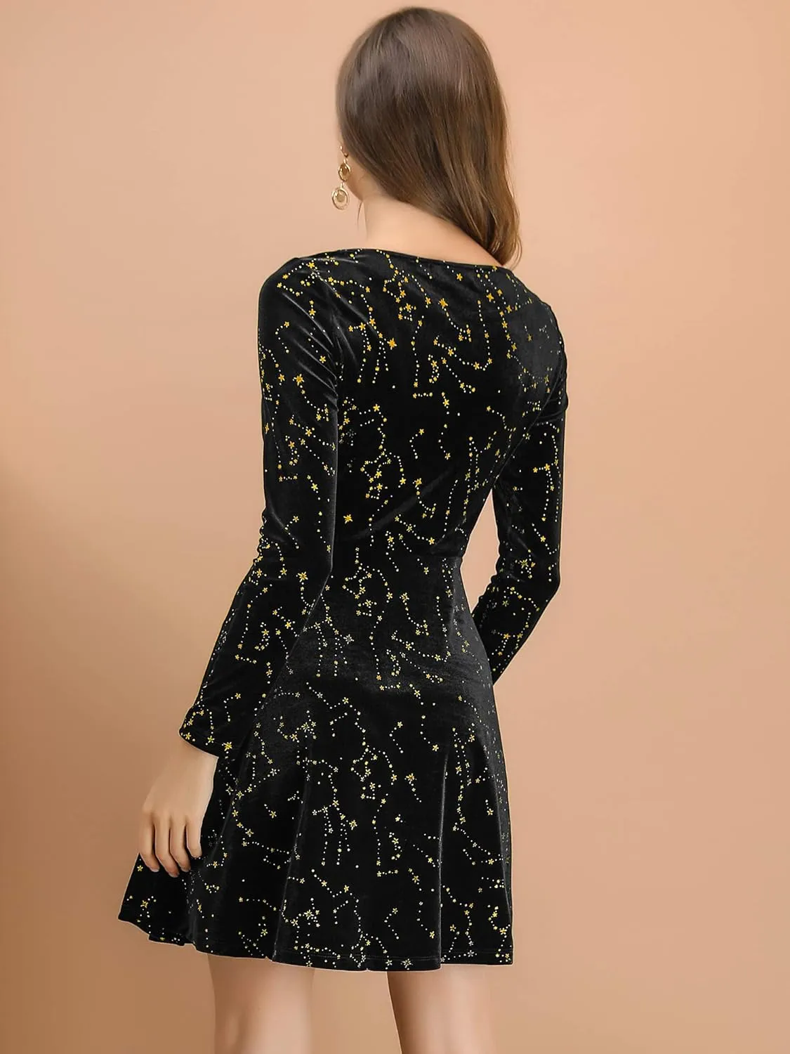 Allegra K Women's Fall Winter Velvet Long Sleeve Dresses Star Square Neck A Line Mini Dress for Party Cocktail Christmas