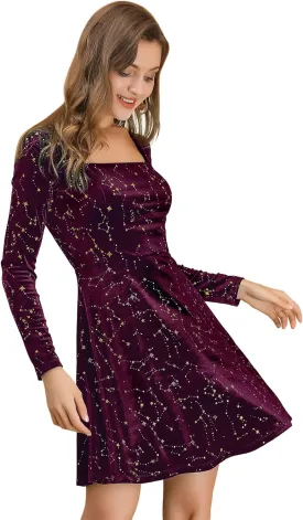 Allegra K Women's Fall Winter Velvet Long Sleeve Dresses Star Square Neck A Line Mini Dress for Party Cocktail Christmas