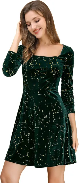 Allegra K Women's Fall Winter Velvet Long Sleeve Dresses Star Square Neck A Line Mini Dress for Party Cocktail Christmas