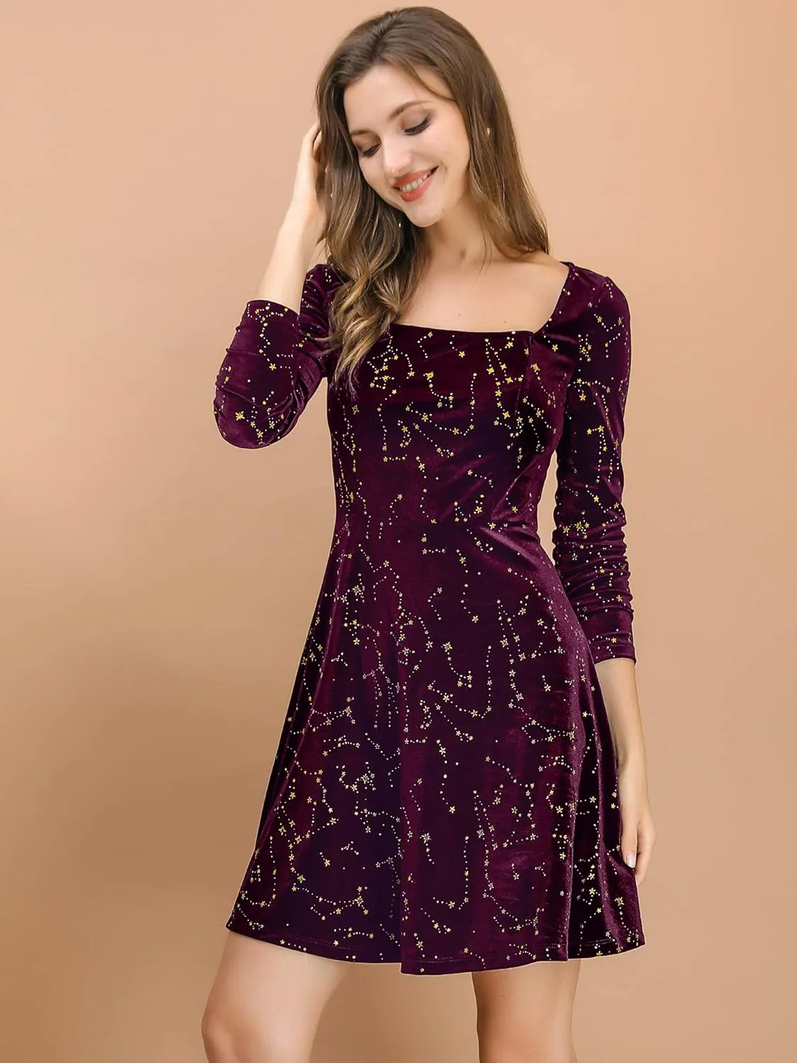 Allegra K Women's Fall Winter Velvet Long Sleeve Dresses Star Square Neck A Line Mini Dress for Party Cocktail Christmas