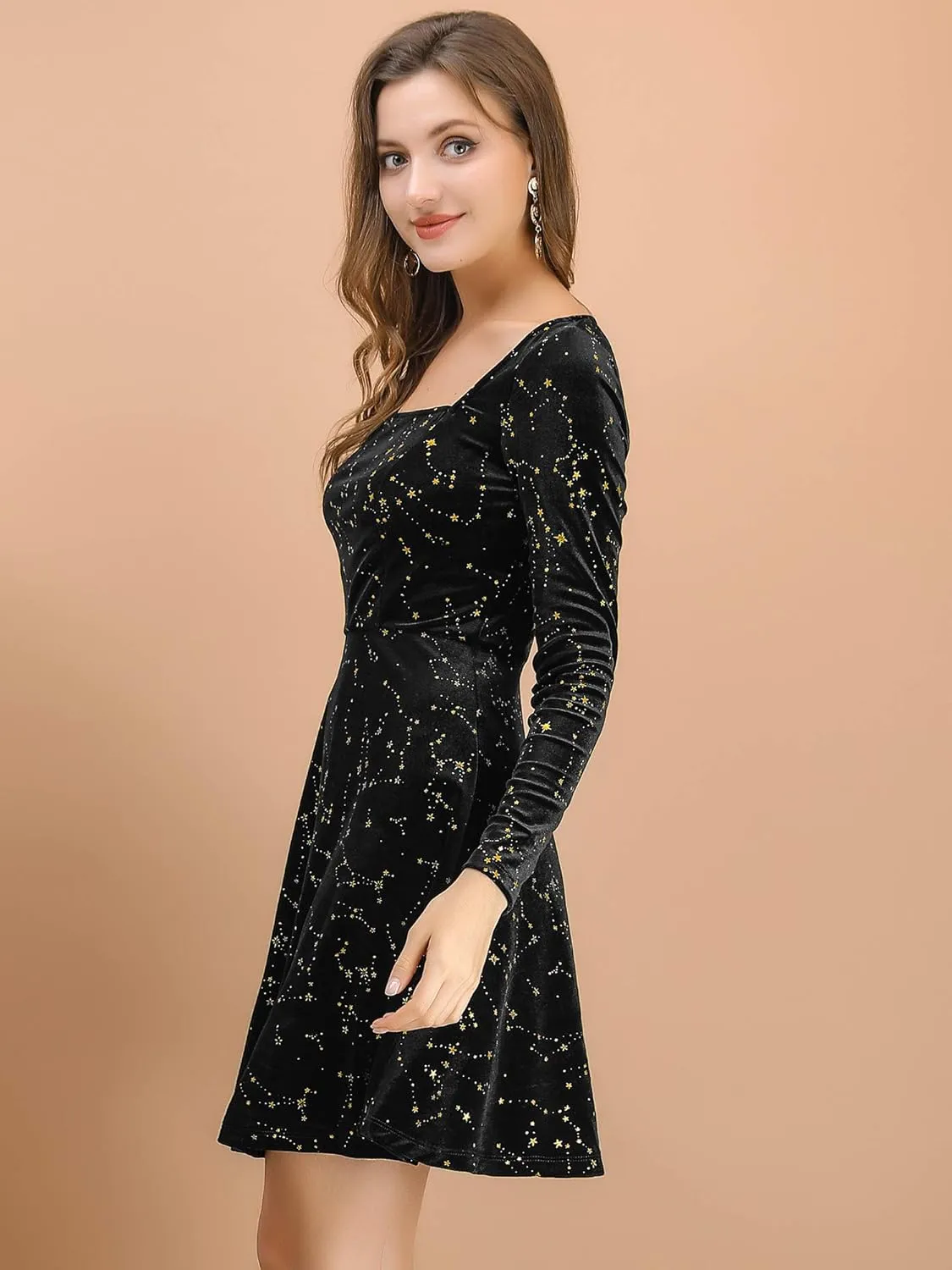 Allegra K Women's Fall Winter Velvet Long Sleeve Dresses Star Square Neck A Line Mini Dress for Party Cocktail Christmas