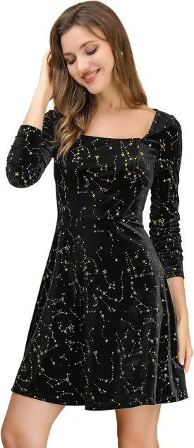 Allegra K Women's Fall Winter Velvet Long Sleeve Dresses Star Square Neck A Line Mini Dress for Party Cocktail Christmas