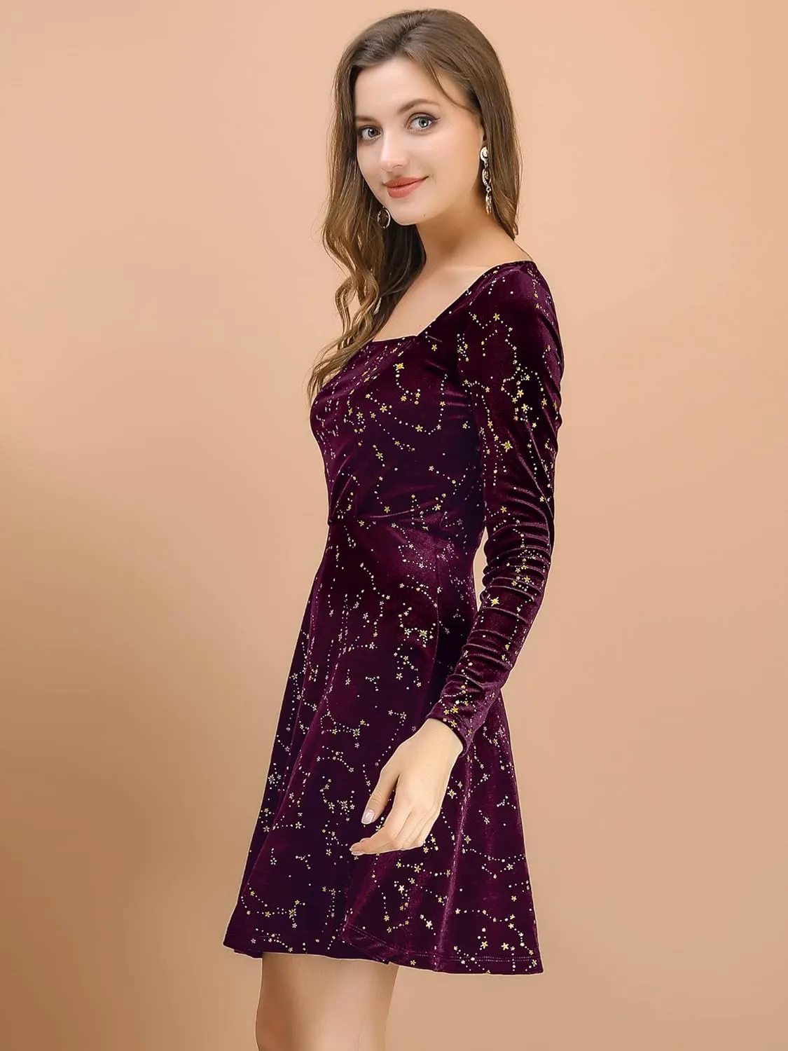 Allegra K Women's Fall Winter Velvet Long Sleeve Dresses Star Square Neck A Line Mini Dress for Party Cocktail Christmas