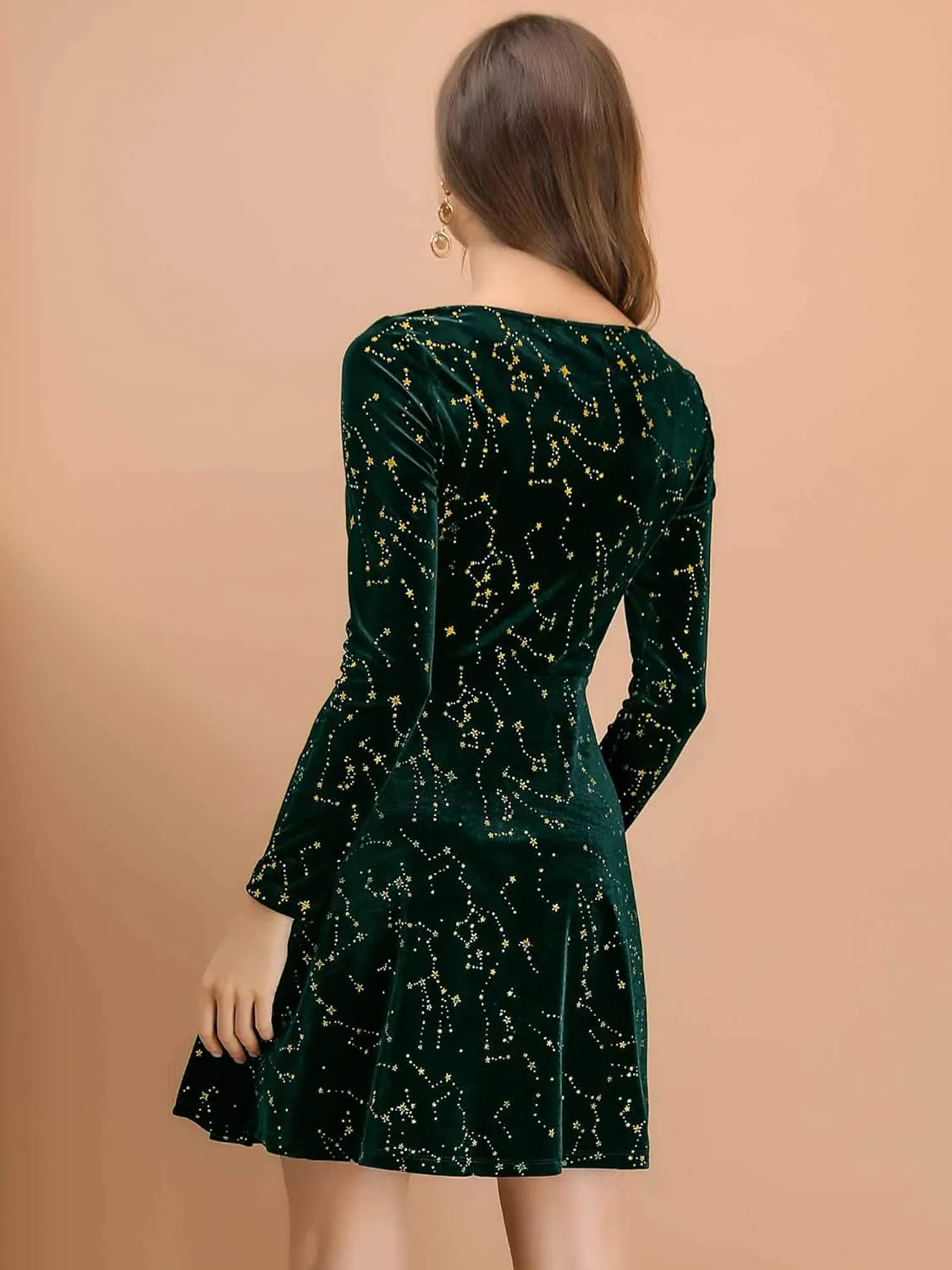 Allegra K Women's Fall Winter Velvet Long Sleeve Dresses Star Square Neck A Line Mini Dress for Party Cocktail Christmas