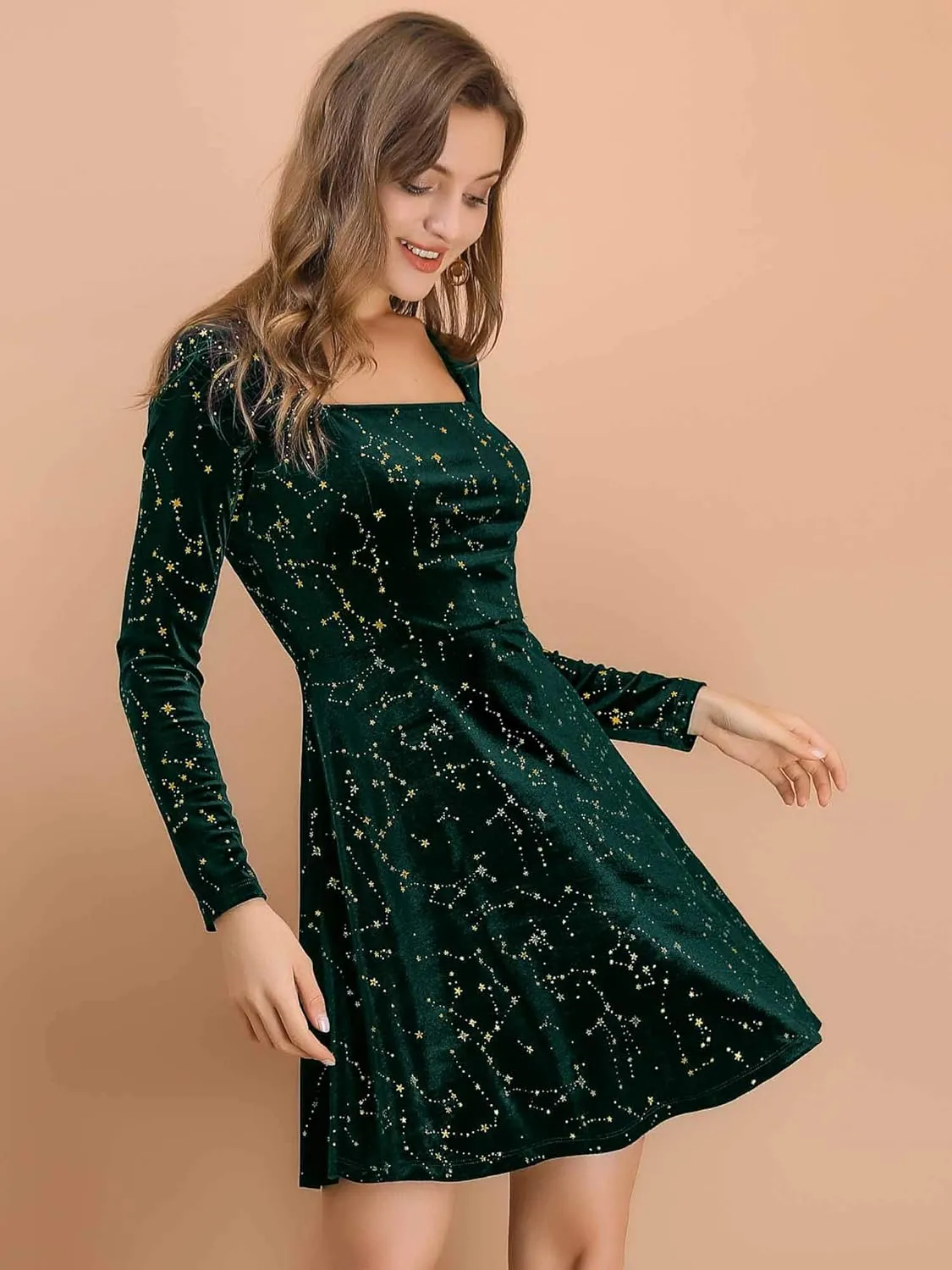 Allegra K Women's Fall Winter Velvet Long Sleeve Dresses Star Square Neck A Line Mini Dress for Party Cocktail Christmas
