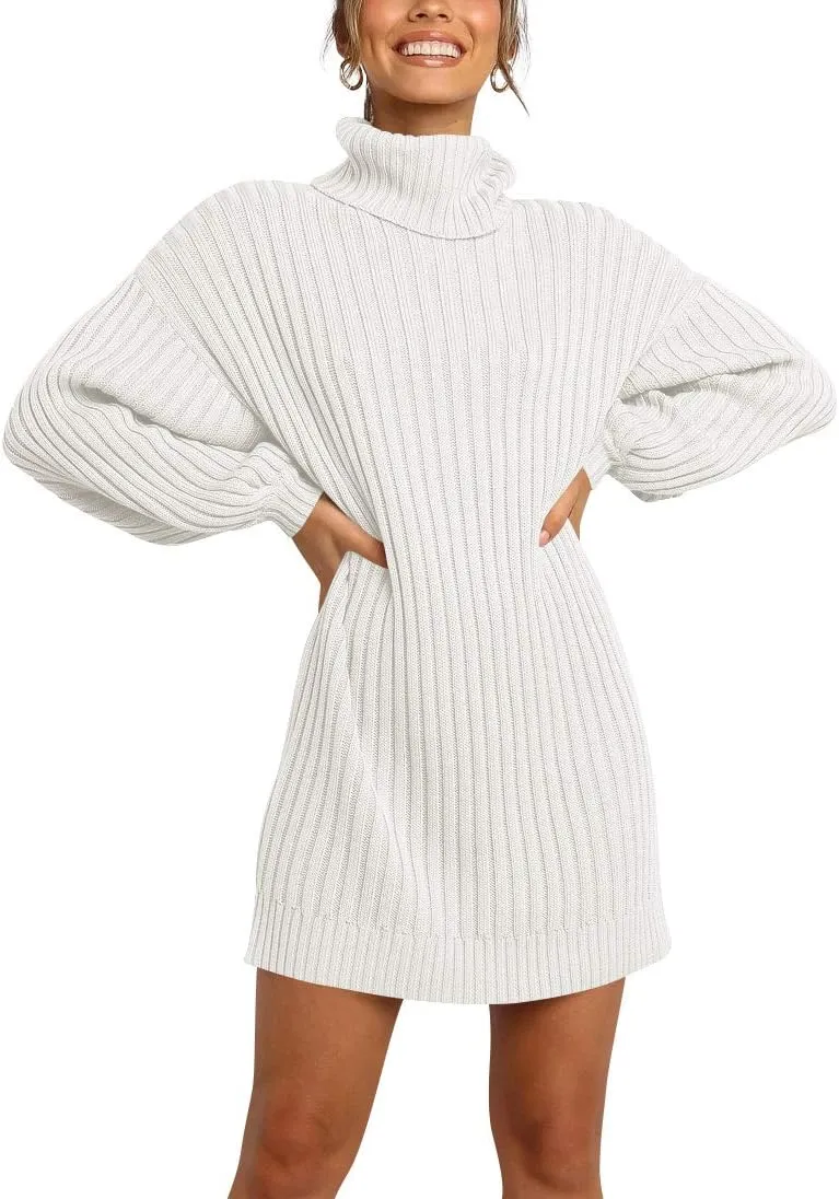 ANRABESS Women Oversized Sweater Dress Turtleneck Batwing Long Sleeve Ribbed Knit Loose 2025 Fall Winter Casual Short Dress