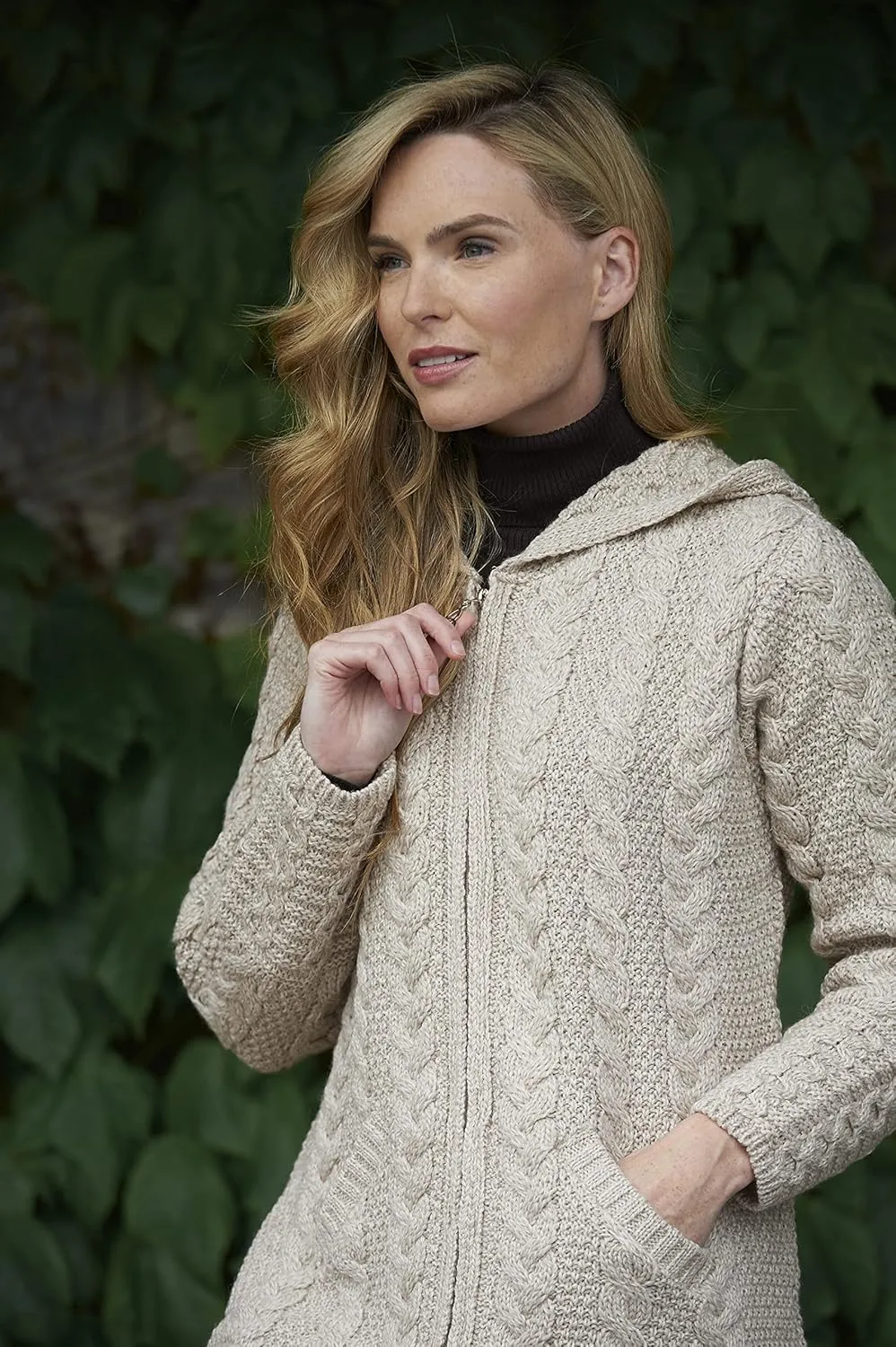 Aran Crafts Women's Irish Cable Knitted Wool Hooded Zip Coat (100% Merino Wool)