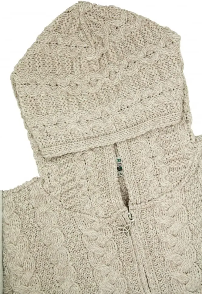Aran Crafts Women's Irish Cable Knitted Wool Hooded Zip Coat (100% Merino Wool)