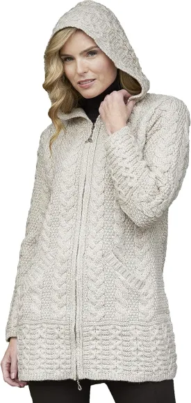 Aran Crafts Women's Irish Cable Knitted Wool Hooded Zip Coat (100% Merino Wool)