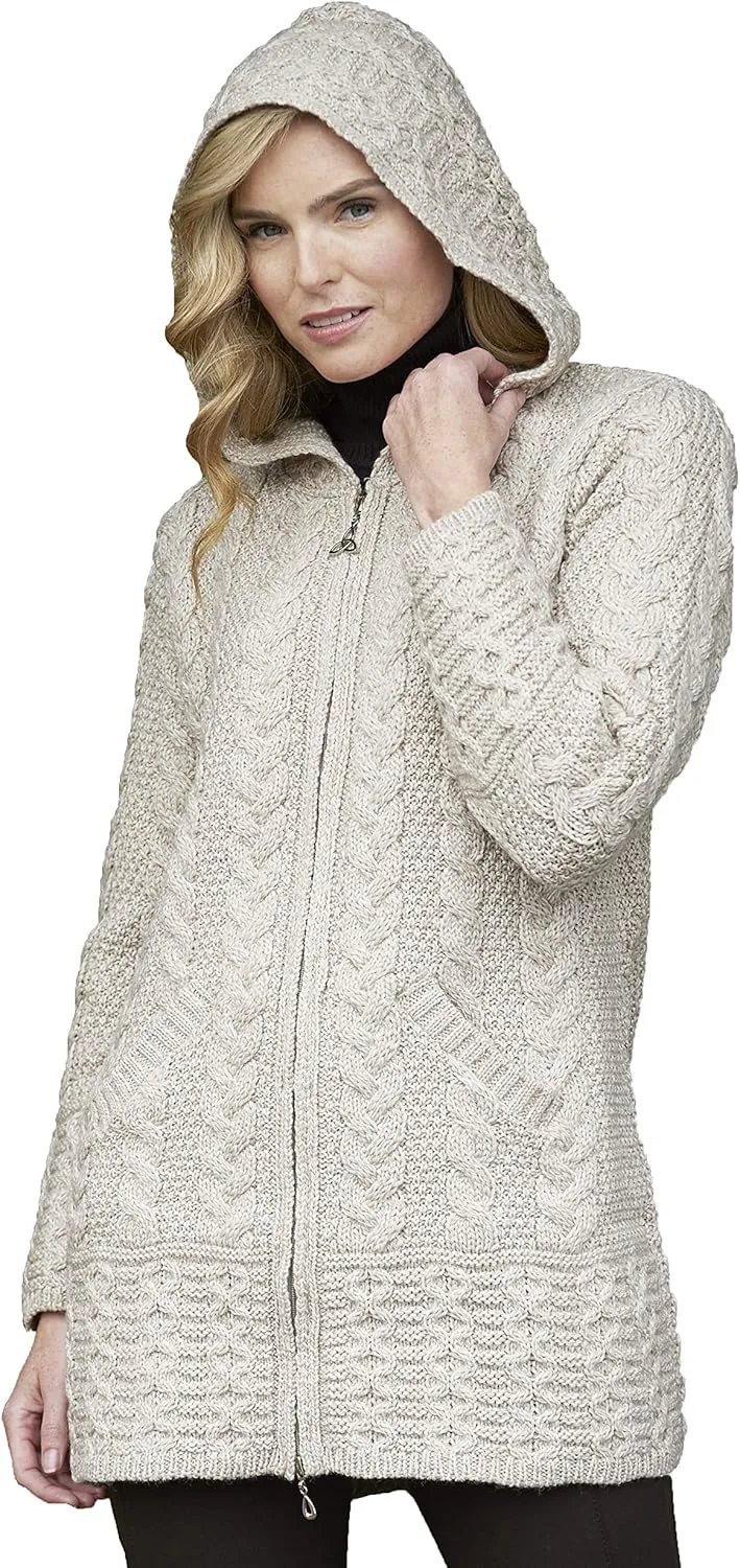 Aran Crafts Women's Irish Cable Knitted Wool Hooded Zip Coat (100% Merino Wool)