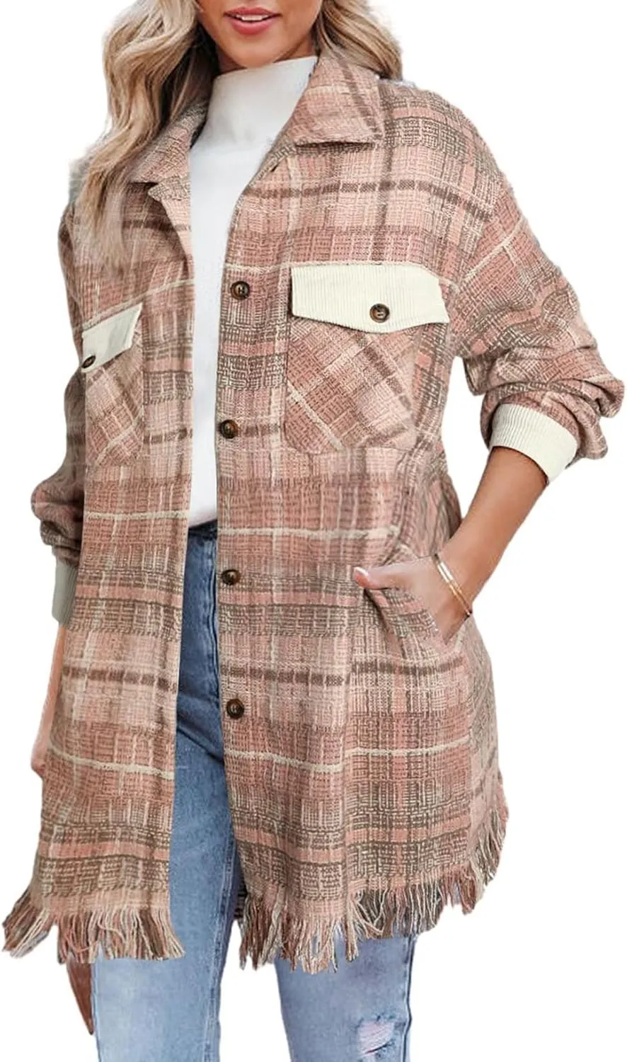 Astylish Women's Flannel Plaid Shacket Long Sleeve Oversized Button Down Shirt Jacket Coat