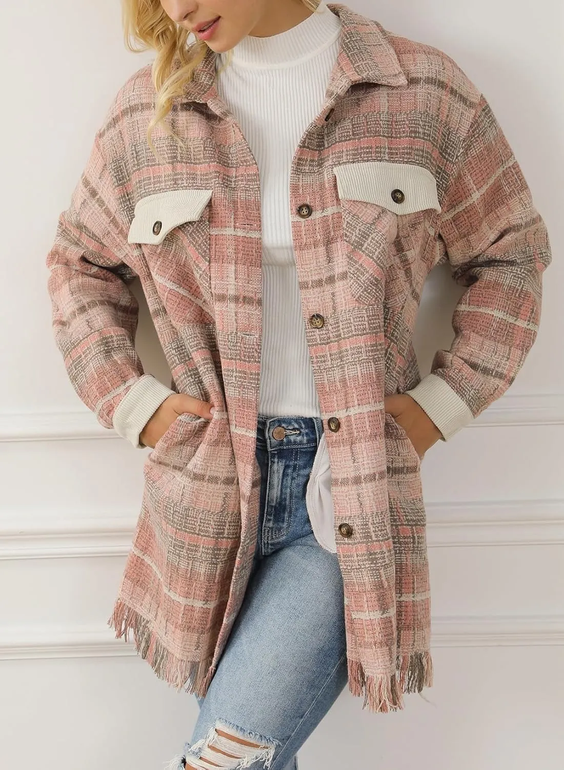 Astylish Women's Flannel Plaid Shacket Long Sleeve Oversized Button Down Shirt Jacket Coat