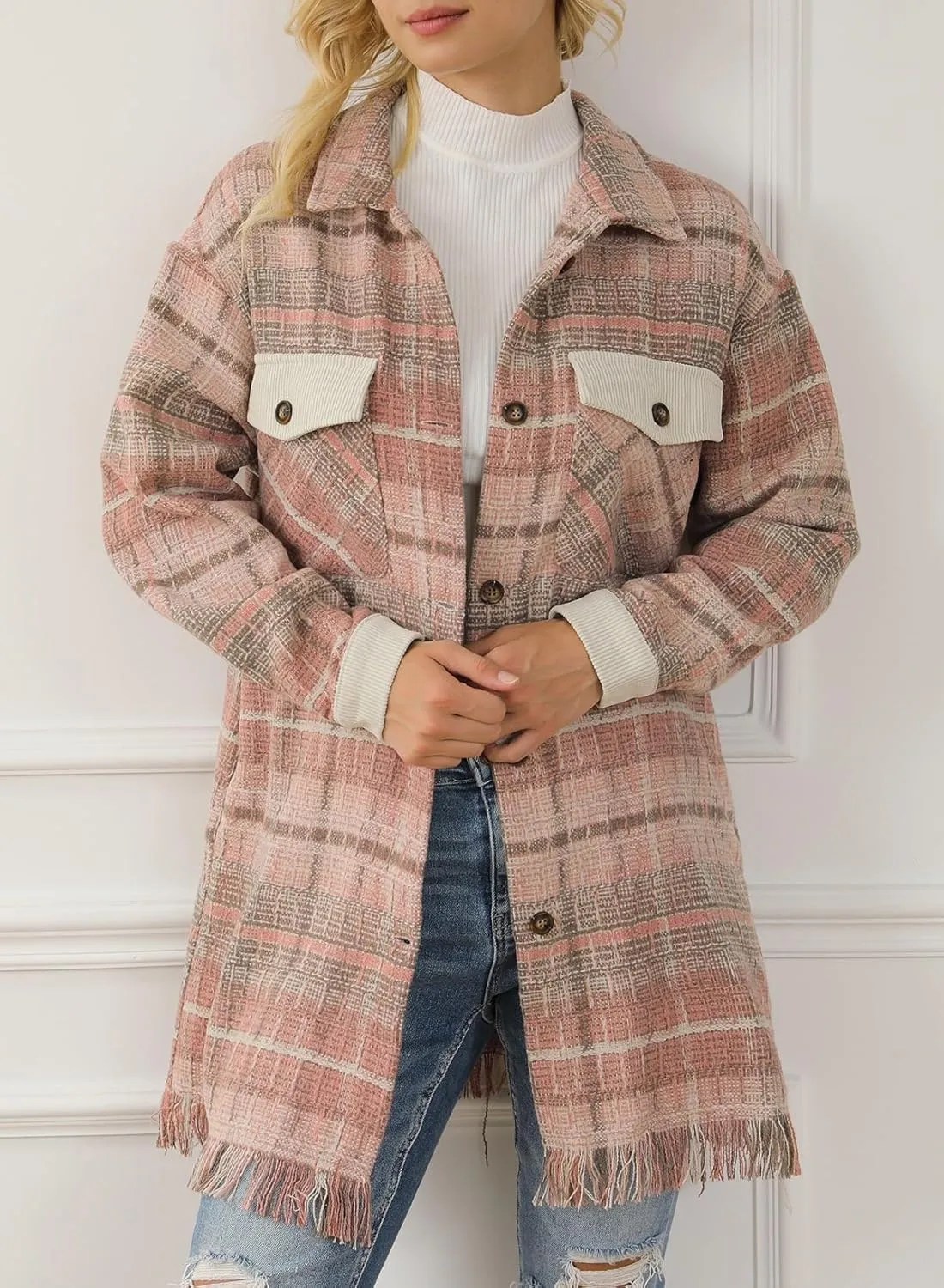 Astylish Women's Flannel Plaid Shacket Long Sleeve Oversized Button Down Shirt Jacket Coat