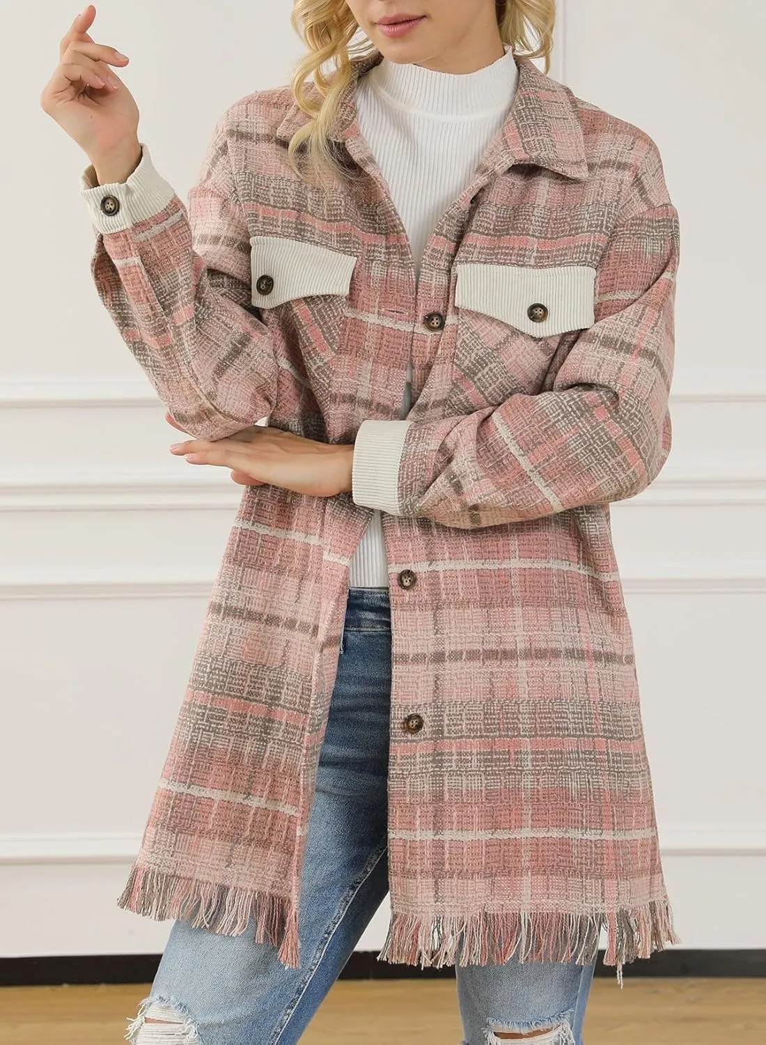 Astylish Women's Flannel Plaid Shacket Long Sleeve Oversized Button Down Shirt Jacket Coat