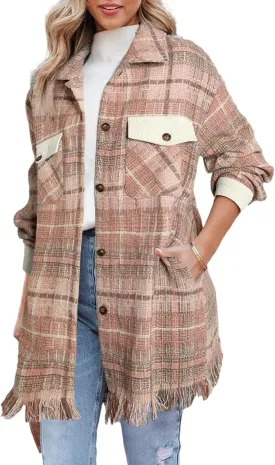 Astylish Women's Flannel Plaid Shacket Long Sleeve Oversized Button Down Shirt Jacket Coat