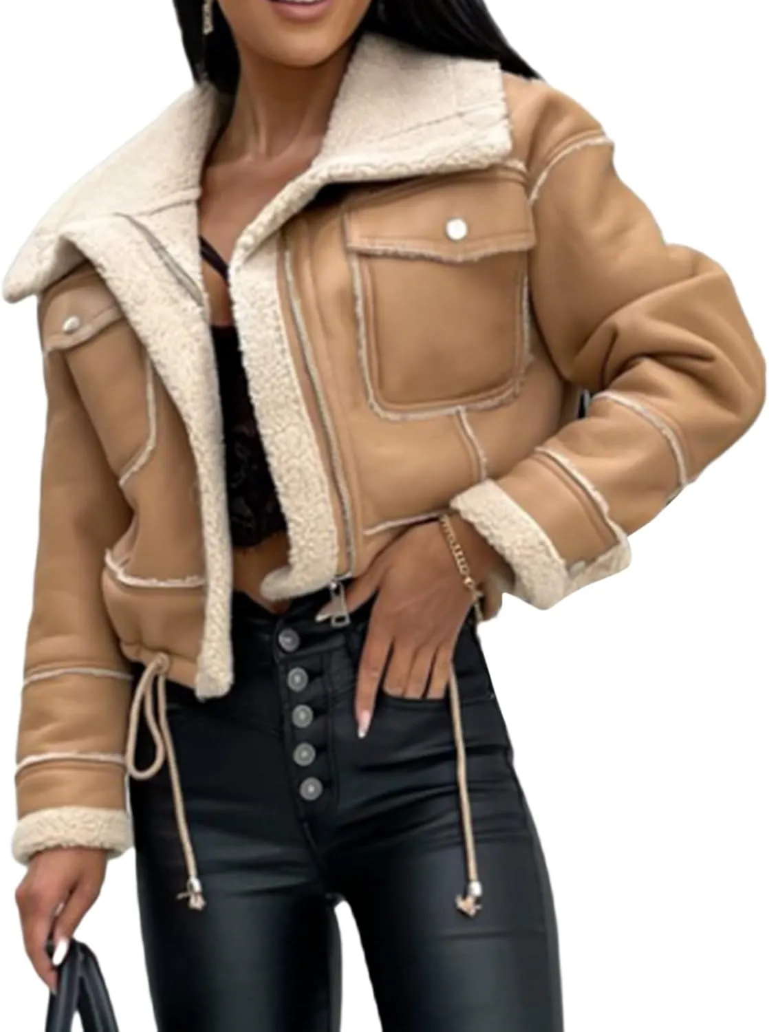 Beeuthios Women Oversized Sherpa Lined Leather Jacket Faux Suede Fleece Shearling Coat Biker Motorcycle Overcoat