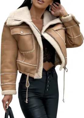 Beeuthios Women Oversized Sherpa Lined Leather Jacket Faux Suede Fleece Shearling Coat Biker Motorcycle Overcoat
