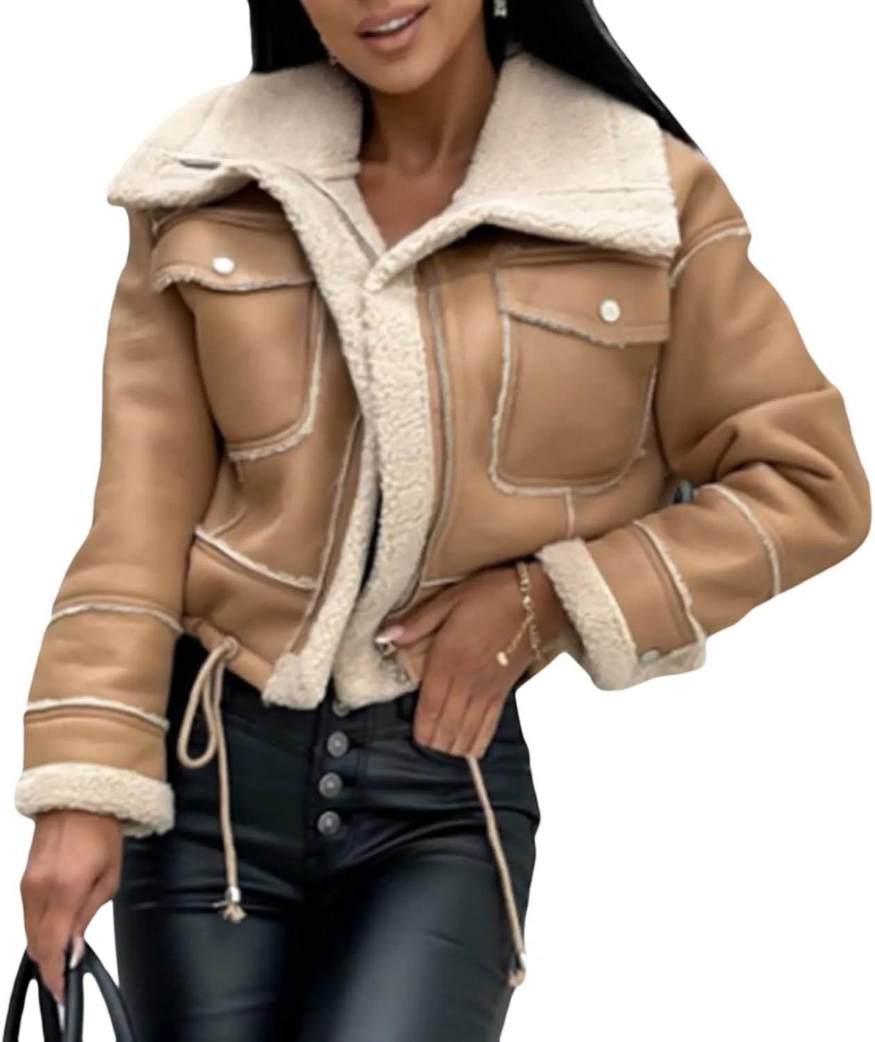 Beeuthios Women Oversized Sherpa Lined Leather Jacket Faux Suede Fleece Shearling Coat Biker Motorcycle Overcoat