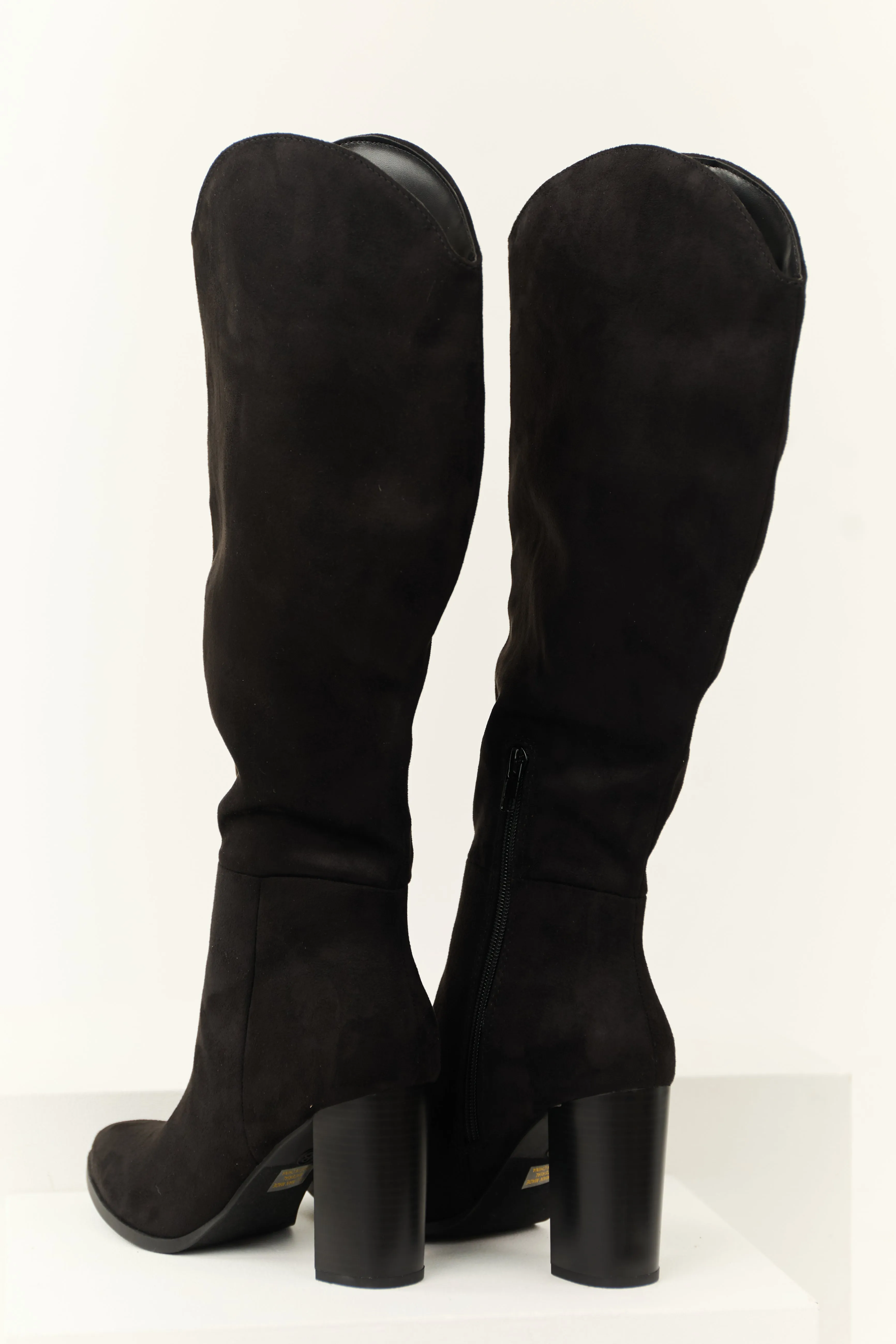 Black Faux Suede Block Heel Tall Boots