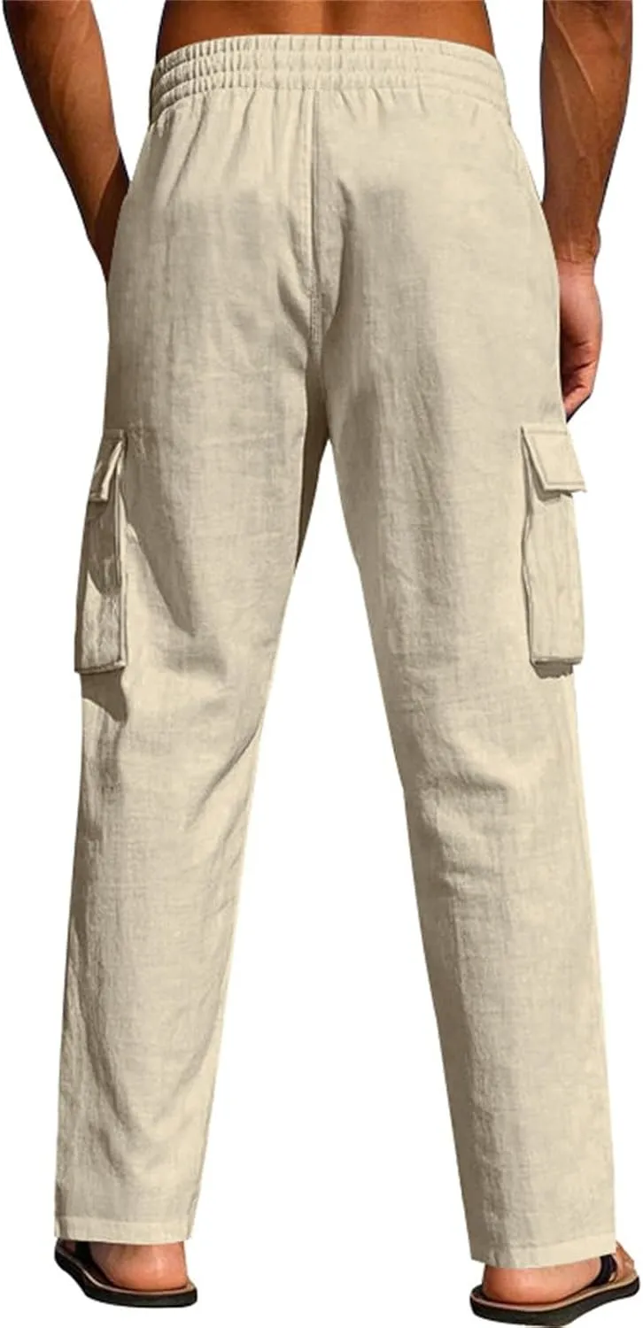 Casual Linen Cargo Pants for Men Summer Elastic Waist Pant with Pockets Relaxed Fit Beach Yoga Travel Lounge Trousers
