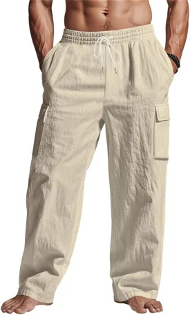 Casual Linen Cargo Pants for Men Summer Elastic Waist Pant with Pockets Relaxed Fit Beach Yoga Travel Lounge Trousers