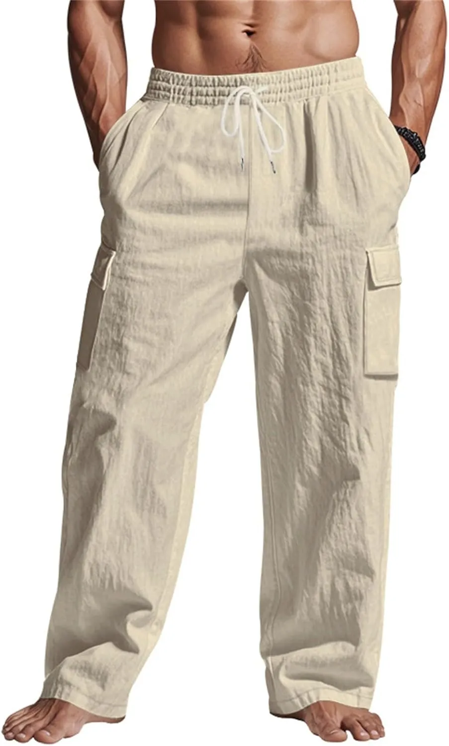 Casual Linen Cargo Pants for Men Summer Elastic Waist Pant with Pockets Relaxed Fit Beach Yoga Travel Lounge Trousers