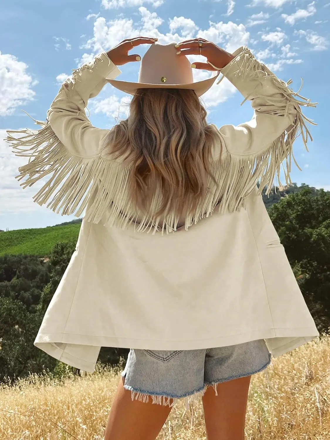 Cicy Bell Womens Faux Suede Fringe Jacket Casual Blazer Long Sleeve Lapel Button Front Suit Jackets