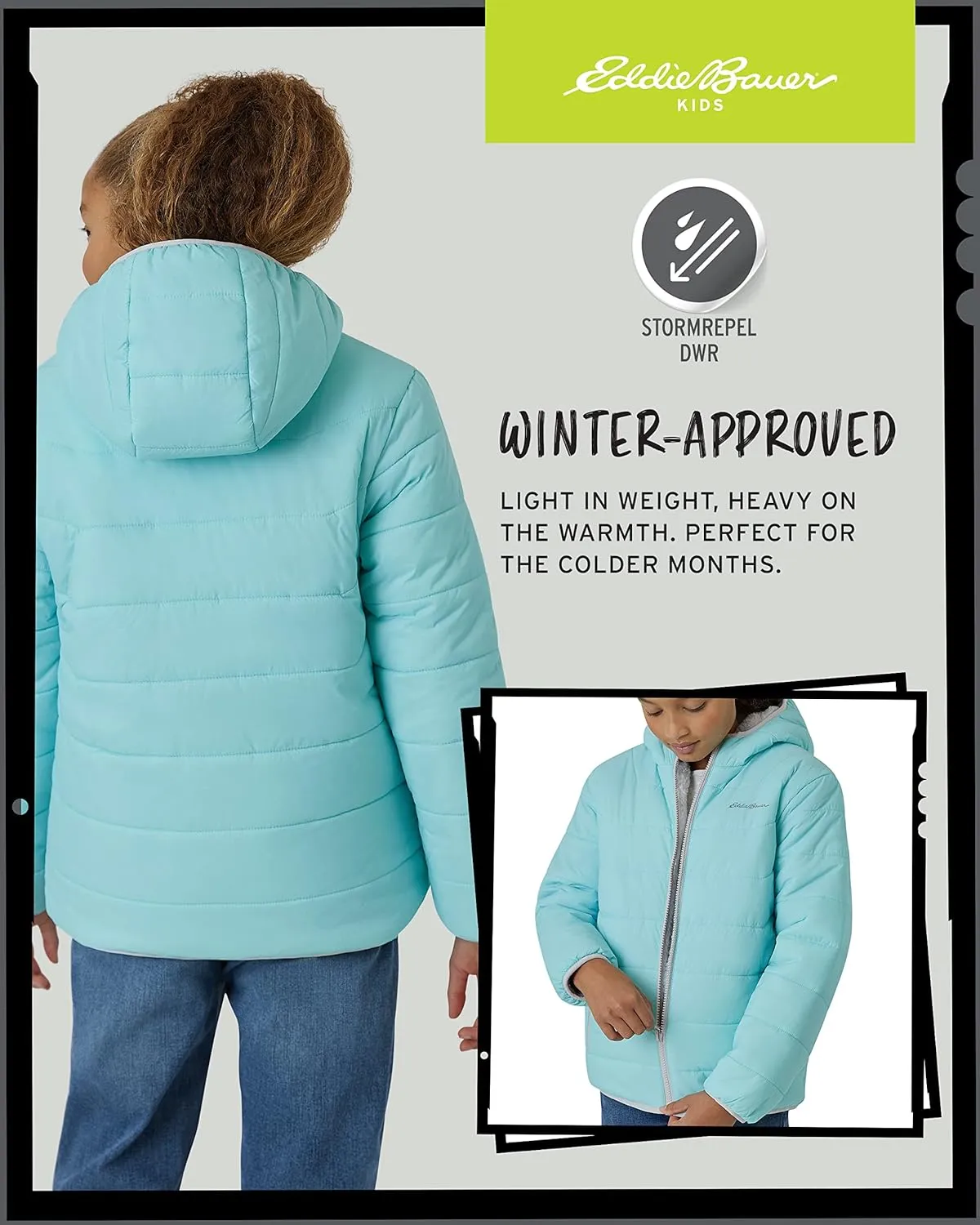 Eddie Bauer Girls' Reversible Jacket - Deer Harbor Waterproof Lightweight Puffer Coat with Faux Shearling Lining (5-20)