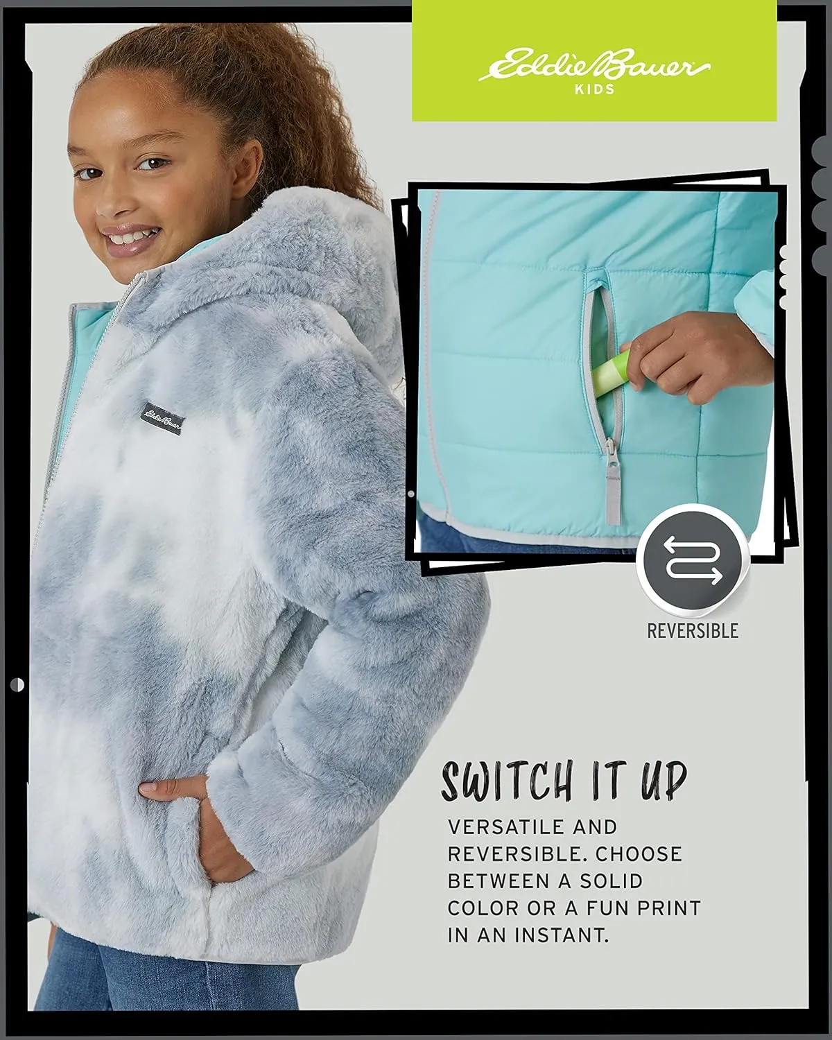 Eddie Bauer Girls' Reversible Jacket - Deer Harbor Waterproof Lightweight Puffer Coat with Faux Shearling Lining (5-20)