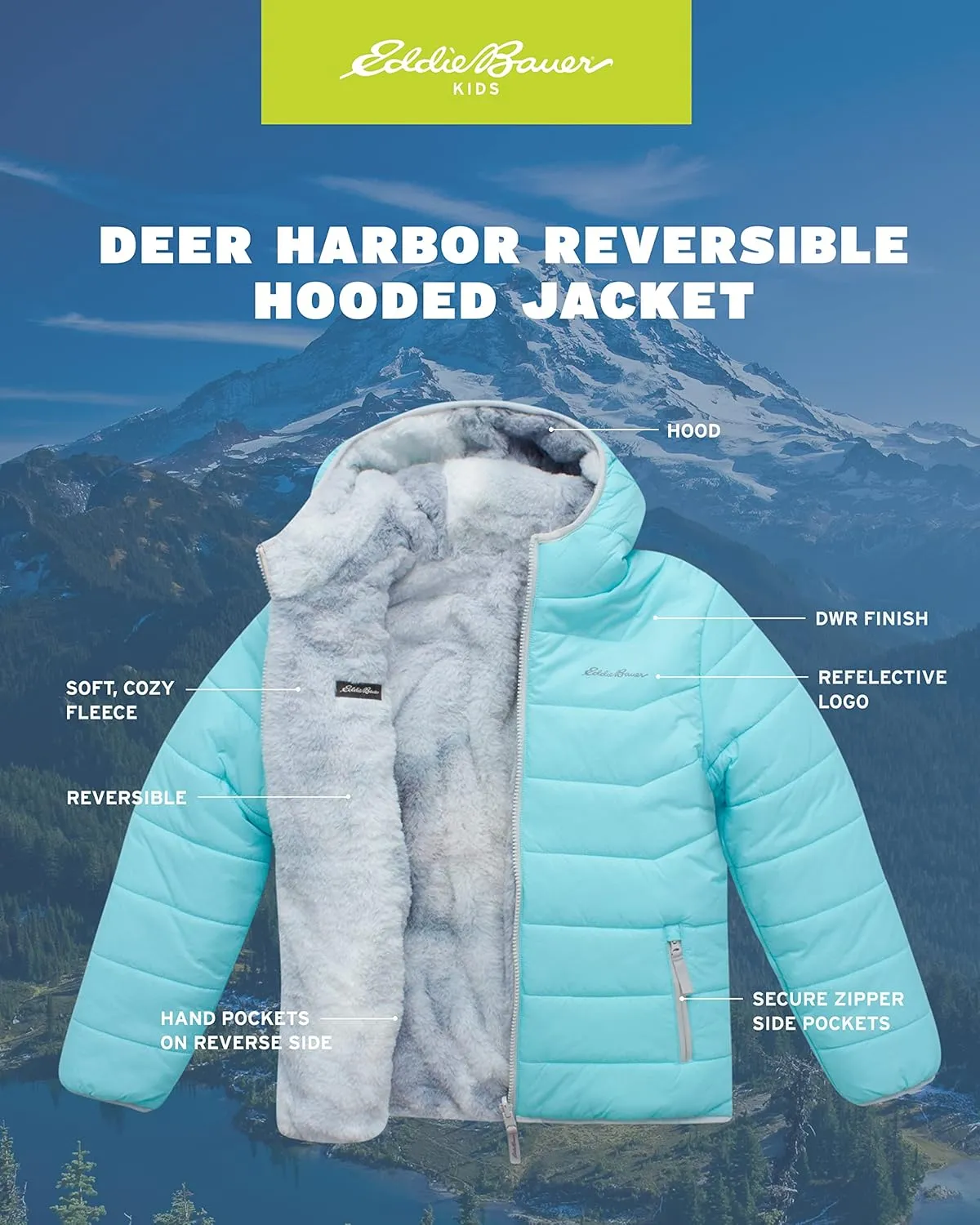 Eddie Bauer Girls' Reversible Jacket - Deer Harbor Waterproof Lightweight Puffer Coat with Faux Shearling Lining (5-20)