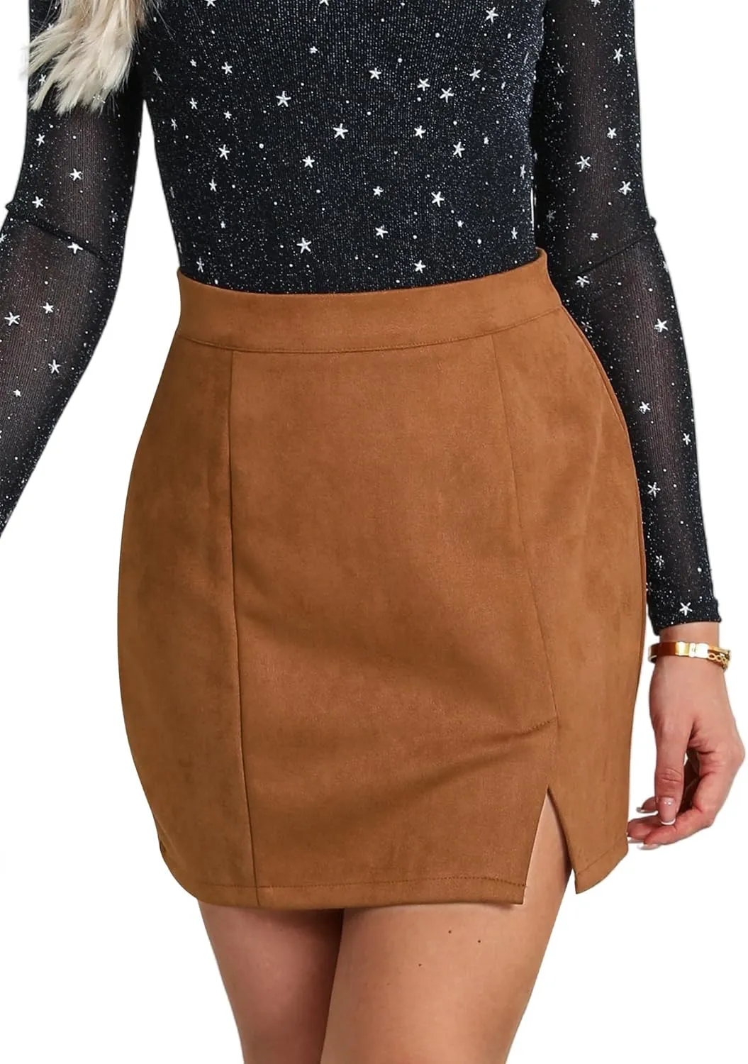 Ezcosplay Women Faux Suede Sexy Mini Skirt with Slit High Waisted Zipper Back Pencil Bodycon Short Skirts