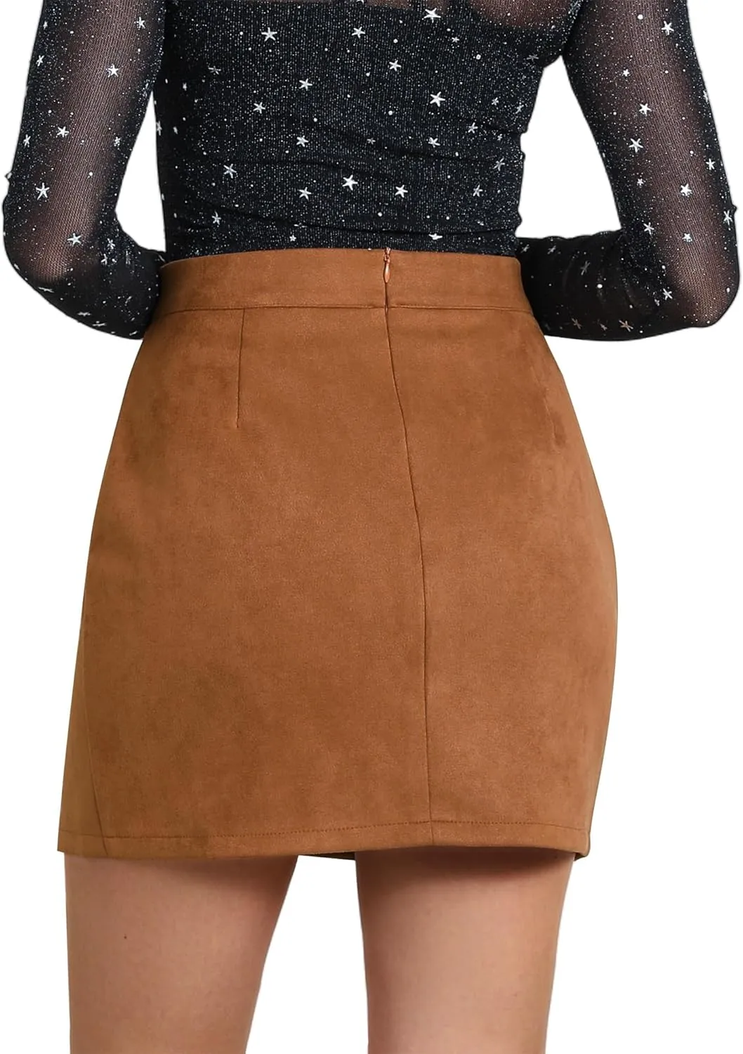 Ezcosplay Women Faux Suede Sexy Mini Skirt with Slit High Waisted Zipper Back Pencil Bodycon Short Skirts