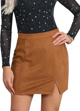 Ezcosplay Women Faux Suede Sexy Mini Skirt with Slit High Waisted Zipper Back Pencil Bodycon Short Skirts