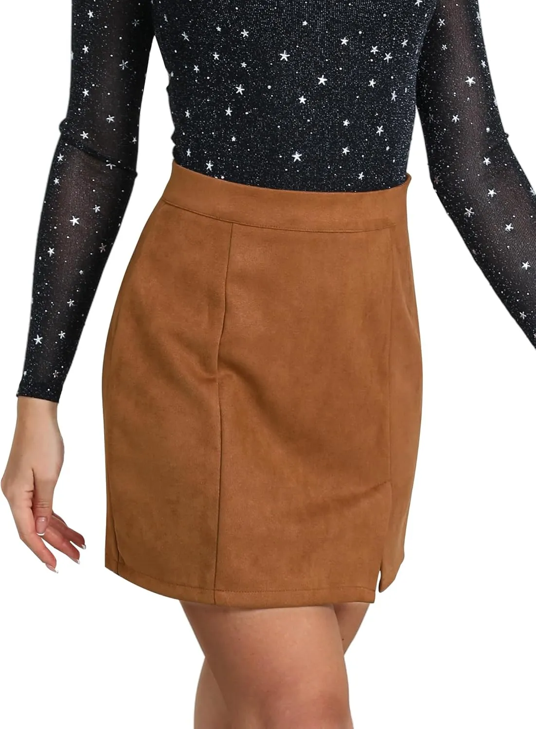 Ezcosplay Women Faux Suede Sexy Mini Skirt with Slit High Waisted Zipper Back Pencil Bodycon Short Skirts