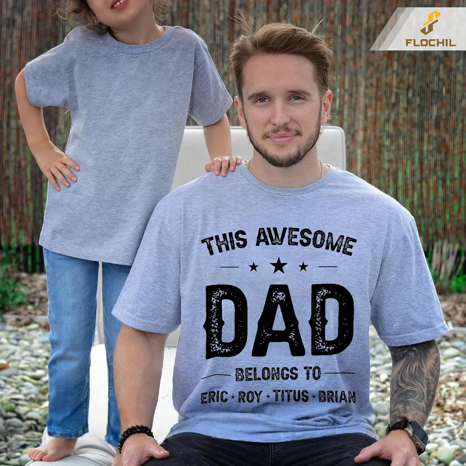 FLOCHIL Personalized Dad Shirt for Men, Custom Dad Shirt with Kids Names, Customized Fathers Day T Shirt, Gifts for Dad